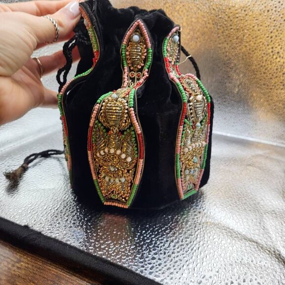 Unique Bohemian Velvet Bucket Bag with Cambodian Beadwork - Picture 6 of 6